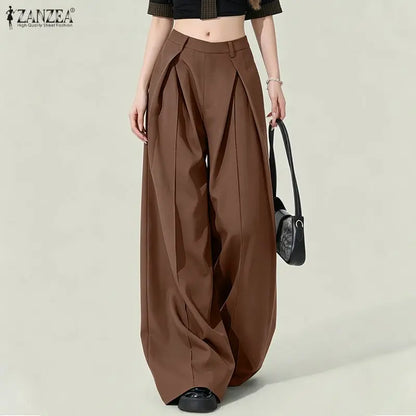 2026 ZANZEA Summer Causal Elastic Waist Baggy Trousers Fashion Women Loose Wide Leg Pants Elegant Solid OL Work Pantalon Street