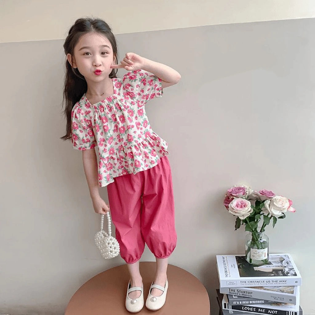 1Sets Girls Floral Print Set Kids Summer Short Sleeve Tops And Long Pants Suit Baby Fashion Costume Cute Children Leisure Sets