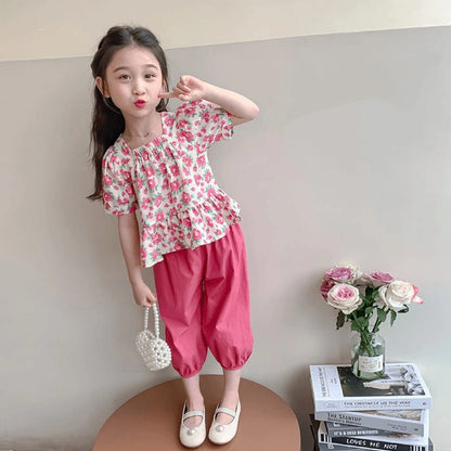 1Sets Girls Floral Print Set Kids Summer Short Sleeve Tops And Long Pants Suit Baby Fashion Costume Cute Children Leisure Sets
