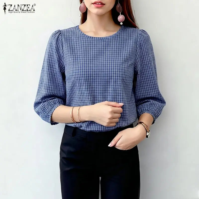ZANZEA Women Classic Plaid Blouses Casual Round Neck 3/4 Puff Sleeves Loose Gingham Tops 2026 Autumn Everyday Wear Blusas Mujer