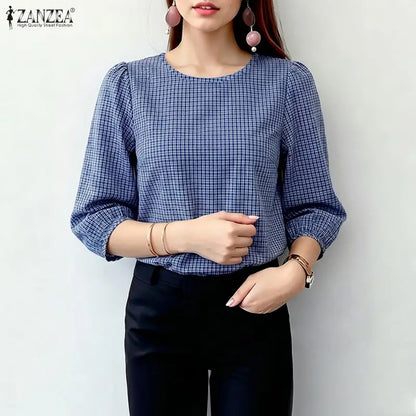 ZANZEA Women Classic Plaid Blouses Casual Round Neck 3/4 Puff Sleeves Loose Gingham Tops 2026 Autumn Everyday Wear Blusas Mujer
