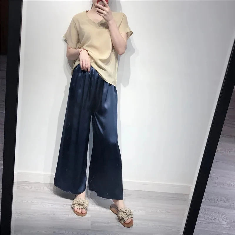 Birdsky, 1pc 100% natural Mulberry Silk Women Loose Cuts Pants Capris wide leg trousers extra size, high waist. S-39