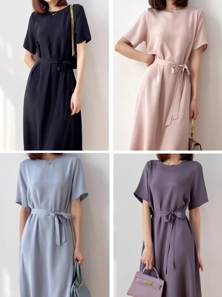 2026 Summer New 26MM 93%Natural Mulberry Silk Elastic Heavy Wrinkle Round Neck Short Sleeve Straight Mid Length Women's Dress
