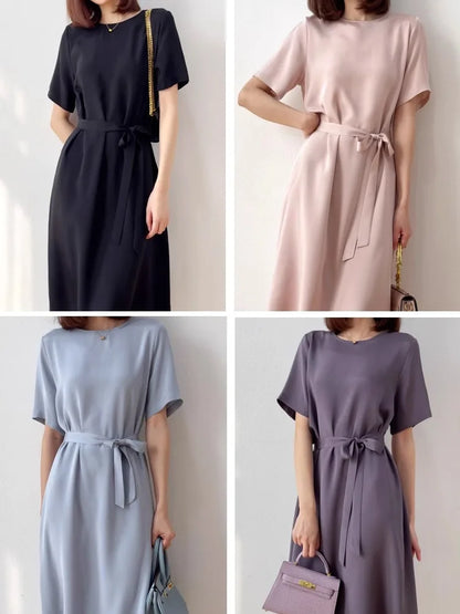 2026 Summer New 26MM 93%Natural Mulberry Silk Elastic Heavy Wrinkle Round Neck Short Sleeve Straight Mid Length Women's Dress