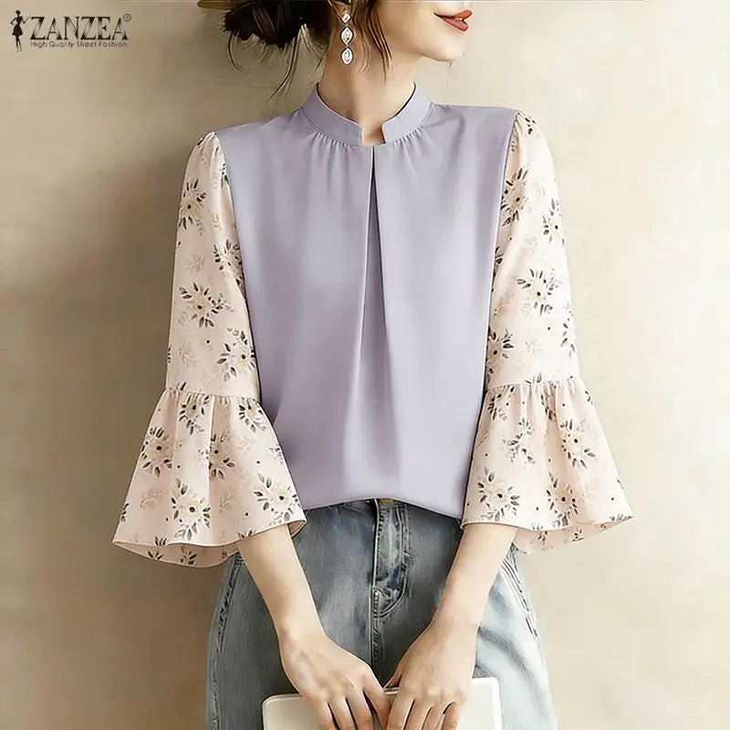 ZANZEA Summer Woman Elegant Blouses Vintage Stand Collar Floral Printed 3/4 Sleeve Pleated Tops Loose Casual Blusas de Mujer