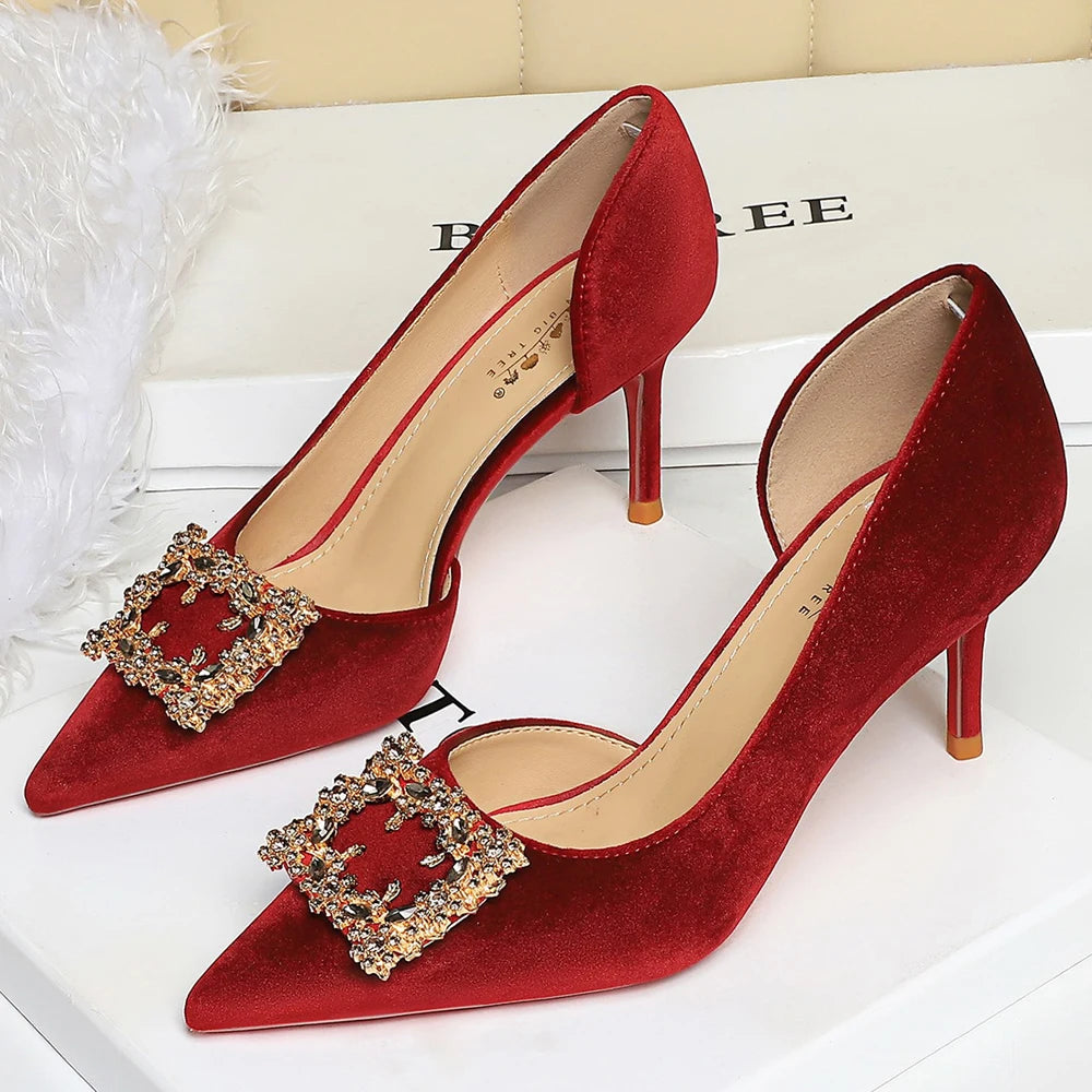 BIGTREE Shoes Rhinestone Women Pumps Metal Square Buckle High Heels Suede Side Empty Ladies Shoes Stiletto Heels 10 cm 7.5 cm