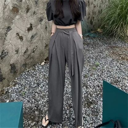 Casual Chic Wide Leg Pants Women Office Pocket Pleated Lace-up High Waist Trousers Fashion 2026 Spring Autumn Streetwear Pants