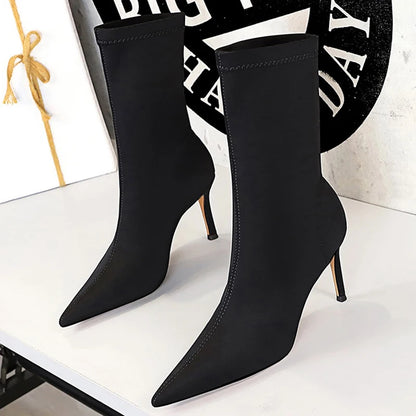 BIGTREE Shoes Stiletto Sexy Elastic Boots Women Shoes Sexy Stretch Fabric Ankle Boots Pointed Tip High Heels Boots Plus Size 43