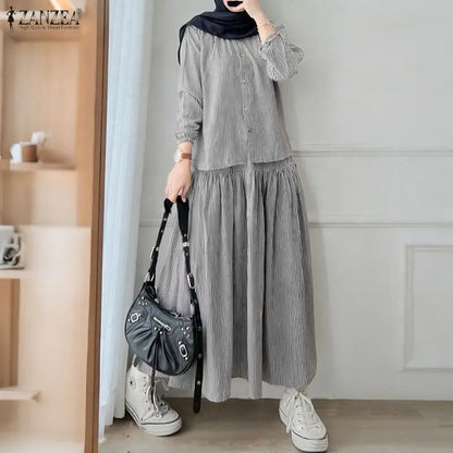 ZANZEA Women's Loose Striped Skirt Suits Long Sleeve Shirt & A-Line Long Skirt 2 Pieces Sets Female Muslim Fashion Casual Outfit