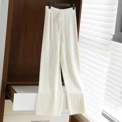 Women Pants Full Length Elastic Waist Knitted Pant Haigh Waist Wide Leg Autumn Winter Warm Stretch Trousers Casual Korean Pants