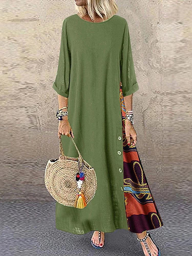 Women Vintage Harajuku Long Dress Bohemian Stitching Print 3/4 Sleeve O Neck Loose Oversized Maxi Dress Casual Elegant Robe