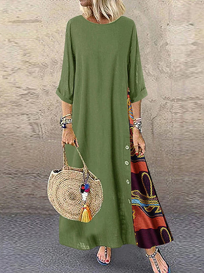 Women Vintage Harajuku Long Dress Bohemian Stitching Print 3/4 Sleeve O Neck Loose Oversized Maxi Dress Casual Elegant Robe