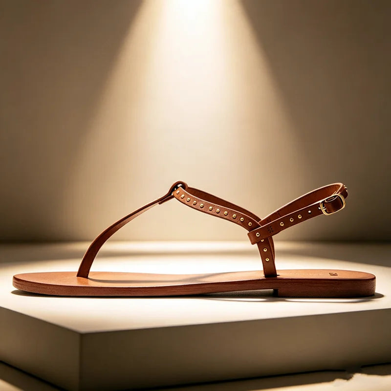 Concise Style Rivet Detail Flat Sandals Women Comfortable Ankle-Strap Buckle Clip Toe Sandals Summer Luxury Designer Beach Shoes