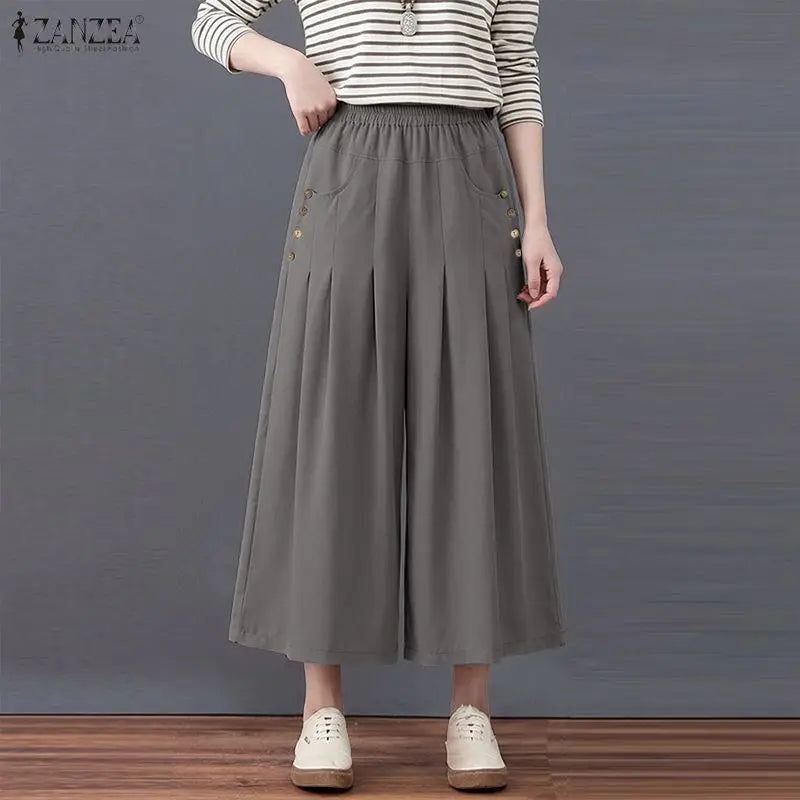 Women Casual Elastic Waist Pleated Trousers ZANZEA Solid Color Loose Wide Leg Pants Summer Capris Female Long Pant Oversize 2026