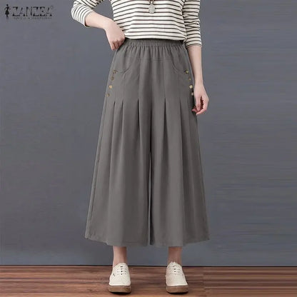 Women Casual Elastic Waist Pleated Trousers ZANZEA Solid Color Loose Wide Leg Pants Summer Capris Female Long Pant Oversize 2026