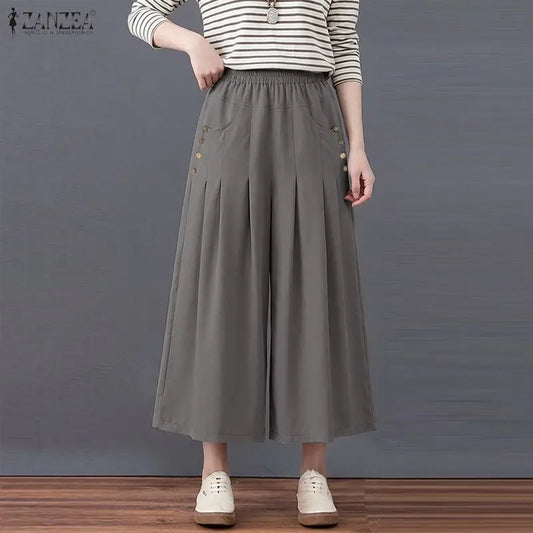 Women Casual Elastic Waist Pleated Trousers ZANZEA Solid Color Loose Wide Leg Pants Summer Capris Female Long Pant Oversize 2026