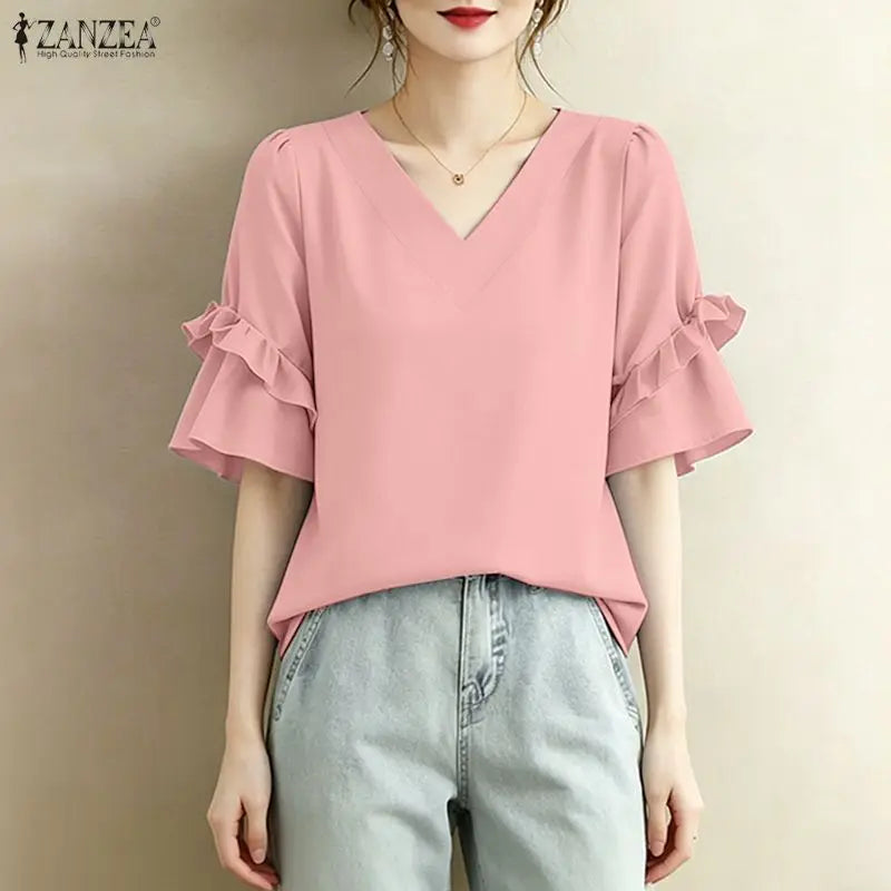 ZANZEA Women Elegant Blouses V-Neck Half Flare Sleeve Ruffles Trim Pullover Tops Summer Daily Casual Solid Color Blusas de Mujer