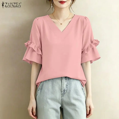ZANZEA Women Elegant Blouses V-Neck Half Flare Sleeve Ruffles Trim Pullover Tops Summer Daily Casual Solid Color Blusas de Mujer