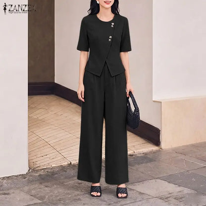 ZANZEA Women's Casual Pant Sets Wide Leg Pant & Short Sleeve Asymmetric Placket Tops 2 Pieces Sets Commute Pant Suits Outfits