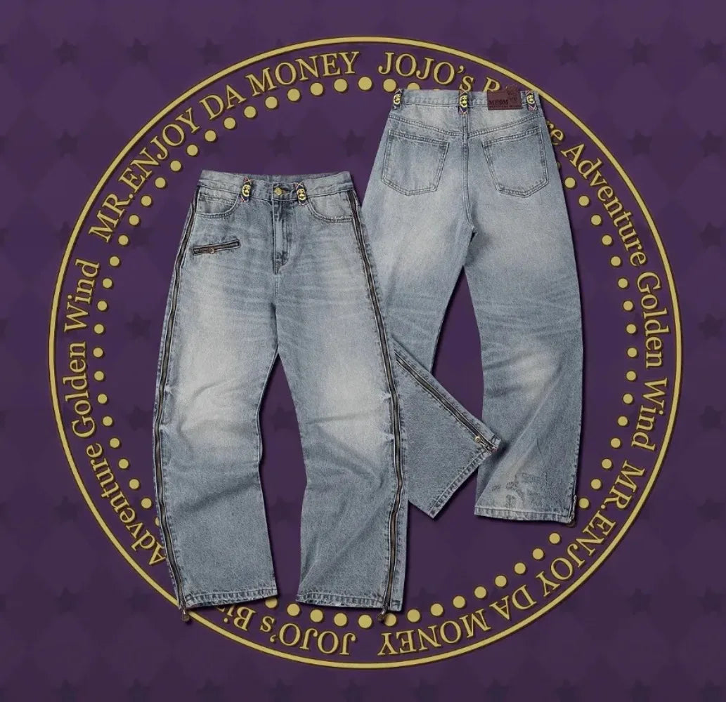JoJo Anime Zip Off Panel Jeans Men Women High Waist Wide Leg Detachable Print Denim Pants Purple Gold Patchwork Straight Jeans