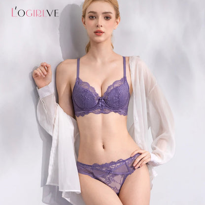 Sexy Hollow Bra French Ultra Thin Lace Embroidery Women Lingerie Set Underwire Push Up Bras Breathable Underwear and Panties Set