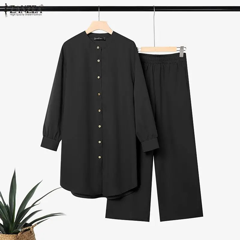 ZANZEA Women Pants Sets Two-piece Outfits Long Sleeve Stand Collar Blouse Wide Leg Pants Vintage Casual Matching Sets Steetwear