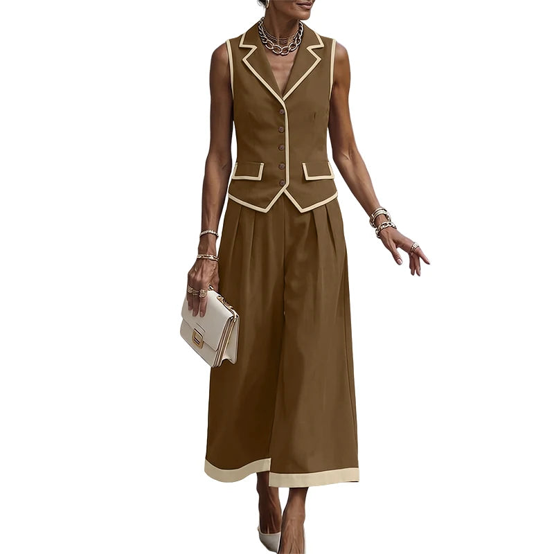 ZANZEA Women Stylish Pant Sets Contrast-Color Lapel Collar Vest Tops & Wide Leg Cropped Pants 2 Piece Suits Elegant Work Outfits