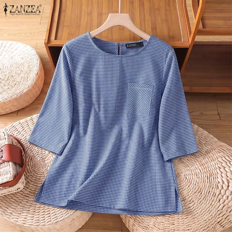 ZANZEA Woman Gingham Check Loose Blouses O-Neck Half Sleeves Pocket Detail Side Slit Tunic Tops Summer Casual Daily Wear Blusas