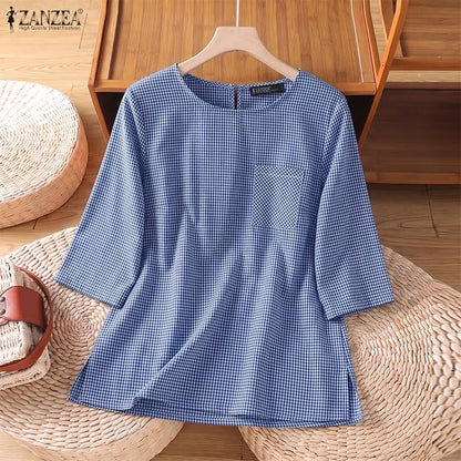 ZANZEA Woman Gingham Check Loose Blouses O-Neck Half Sleeves Pocket Detail Side Slit Tunic Tops Summer Casual Daily Wear Blusas