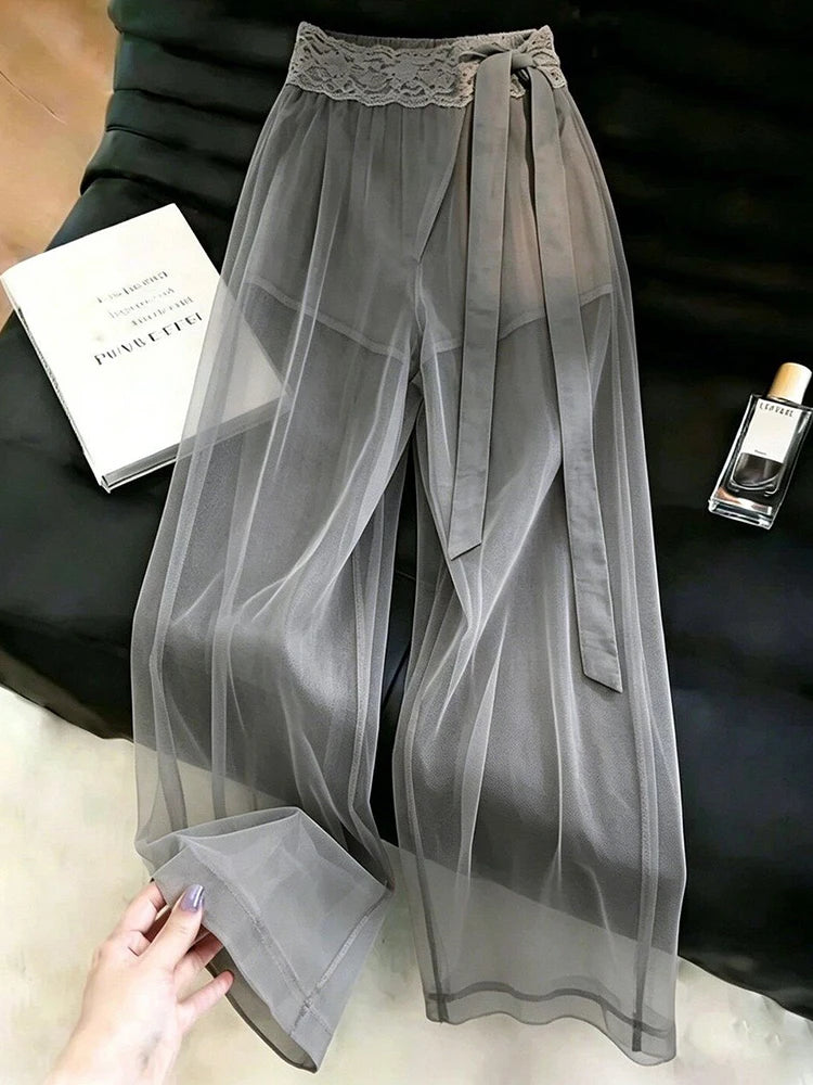 Sexy See Through Mesh Pants Women High Waist Lace Patchwork Bow Sweet Trousers Summer Fashion Female Elegant Loose Wide Leg Pant