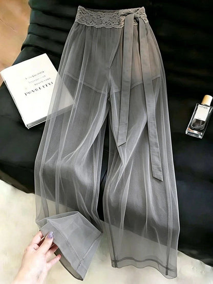 Sexy See Through Mesh Pants Women High Waist Lace Patchwork Bow Sweet Trousers Summer Fashion Female Elegant Loose Wide Leg Pant