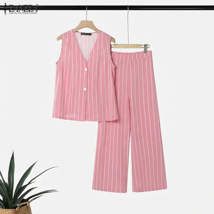ZANZEA Summer Women Striped Matching Sets Sleeveless Vest Top & Wide Leg Pant 2 Piece Suits Office Commute Pant Sets Outfits
