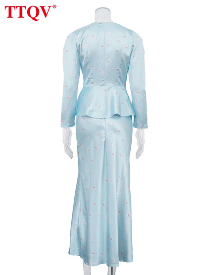 TTQV Fashion Slim Print Women's Two Pieces Set 2026 Elegant Long Sleeve Shirt With High Waist Long Skirt Set Female Clothing
