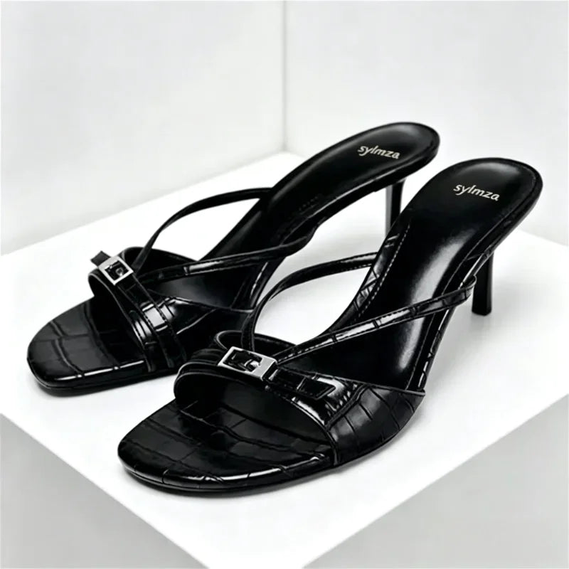 2026 Summer Embossed Top Design Slippers Women Sexy Peep Toe Heeled Sandals for Ladies Elegant Cross Strap Buckle High Heels