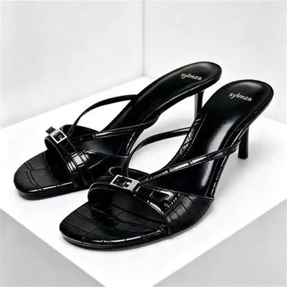 2026 Summer Embossed Top Design Slippers Women Sexy Peep Toe Heeled Sandals for Ladies Elegant Cross Strap Buckle High Heels
