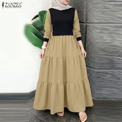 ZANZEA Fashion Women Patchwork Muslim Abaya Dress O Neck Long Sleeve Pleated Sundress Ramadan Robe Casual Maxi Dresses Kaftan