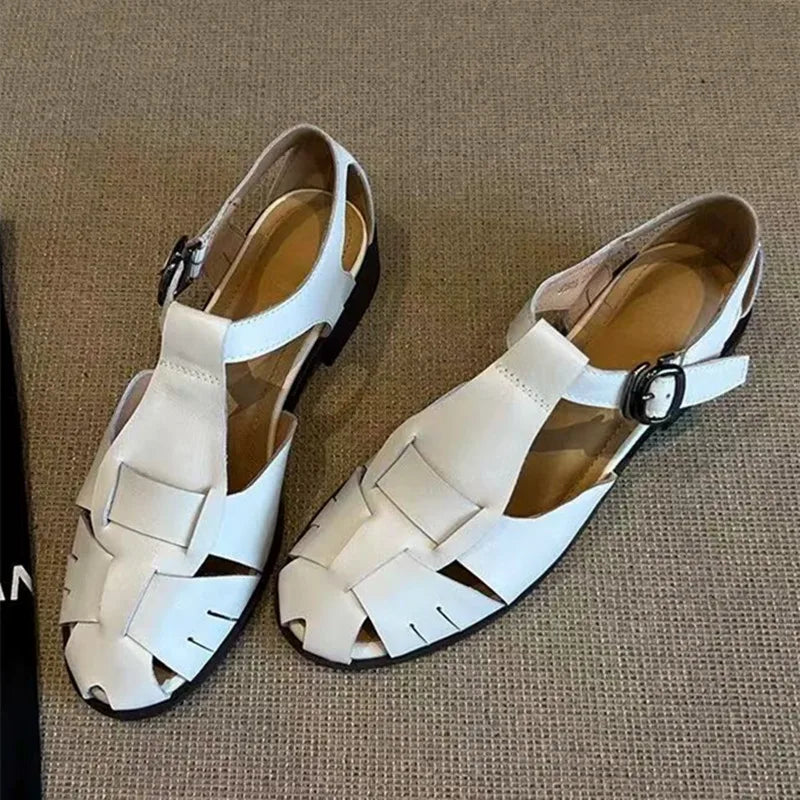 Roman-Style Gladiator Sandals Women Comfort Square-Heel Metal Buckle Straps Flats Sandals Openwork Woven Design Shoes for Women