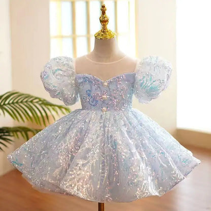Girl Dress Pastel Sparkles Shimmers Puffy Sleeves Sequin Dress Girls Birthday Party Clothes 3-12Years