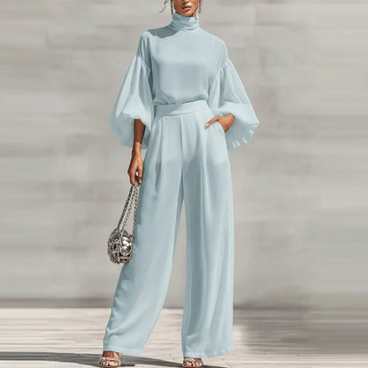 Simple Casual Solid Color Women's Suit Elegant Turtleneck Lantern Sleeve Top & High Waist Pants Set Autumn Loose 2 Piece Outfits