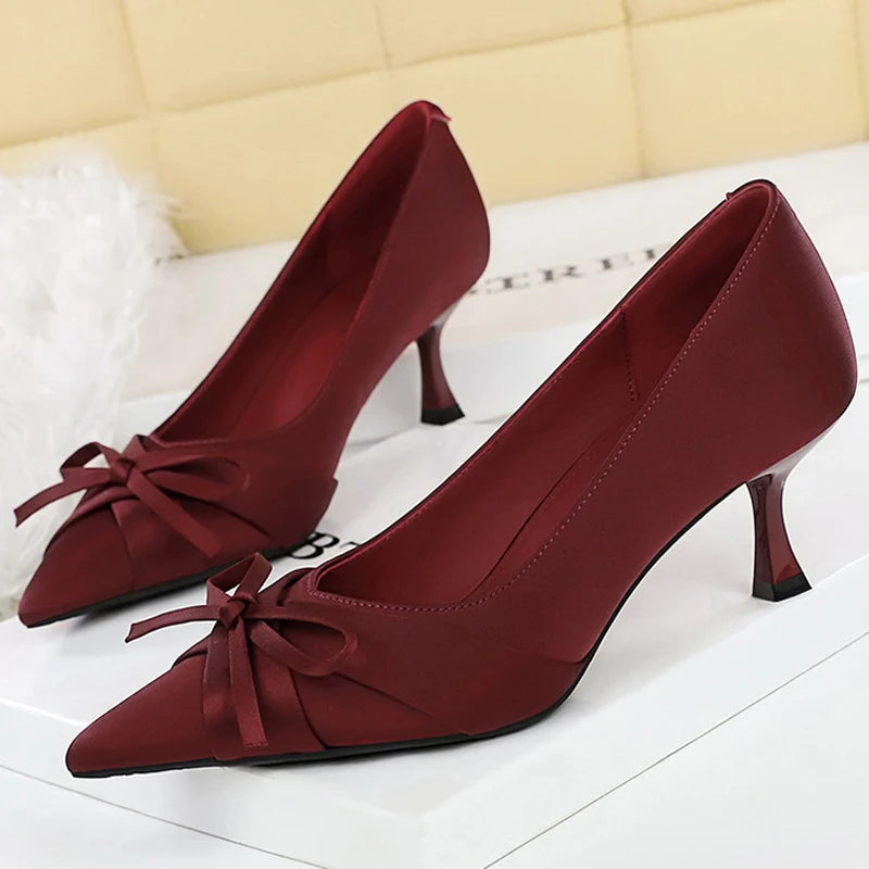 BIGTREE Shoes Silks Satins Women Pumps Bowknot Kitten High Heels Pointed Tip Women Heels Stiletto 6 CM Sexy Party Shoes Pumps