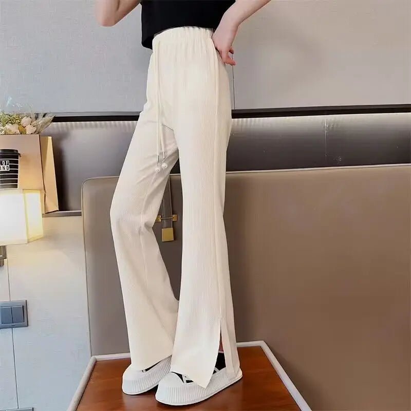 Trendy Ice Silk Girls' Flare Pants 5-12 Years Lightweight Casual Long Pants for Kids Versatile Stylish