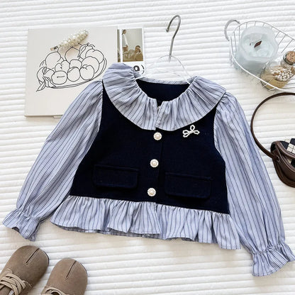 Girls' Spring and Autumn New Korean Style Striped Collared Shirt Long Sleeve Long Pants Two-Piece Set