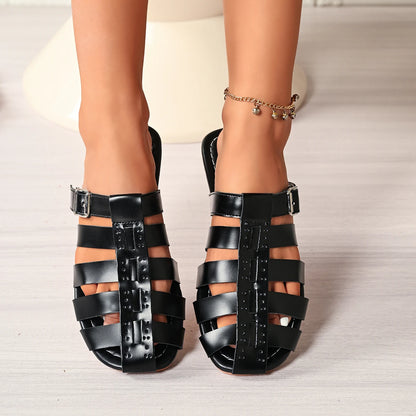 Women Summer Sandals Flat Roman Shoes Large Size Woven Casual Beach Buckle Comfortable Open Toe Breathable Footwear 2026 New