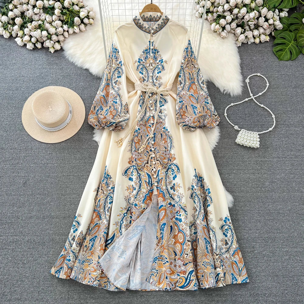 Spring Autumn Women's Dress Vintage Long Sleeve Print Floral High Waist Boho Party Maxi Vestidos Elegant Luxury Long Dresses