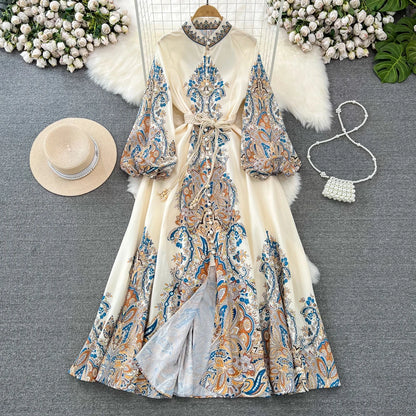 Spring Autumn Women's Dress Vintage Long Sleeve Print Floral High Waist Boho Party Maxi Vestidos Elegant Luxury Long Dresses
