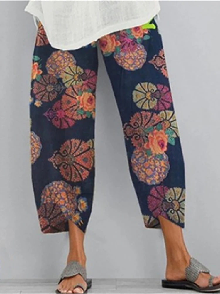 Vintage Cotton and Linen Loose Harem Pants Casual High Waist Wide Leg Trousers Women Harajuku Printed Baggy Pants Oversized