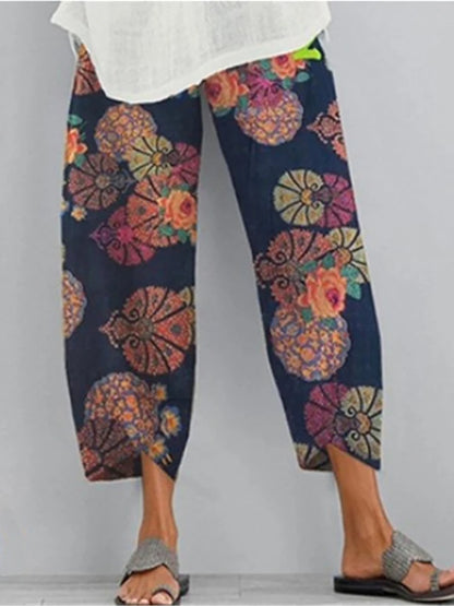 Vintage Cotton and Linen Loose Harem Pants Casual High Waist Wide Leg Trousers Women Harajuku Printed Baggy Pants Oversized