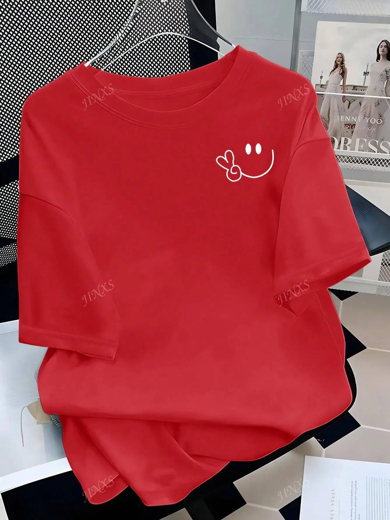 Stylish Tee with Adorable Smile and Peace Sign Design Ideal for Curvy Ladies into Playful Fashion