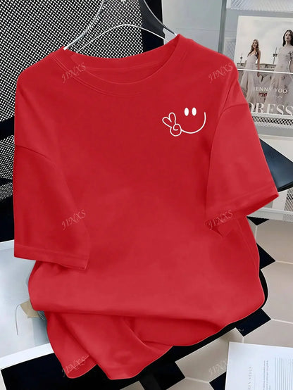 Stylish Tee with Adorable Smile and Peace Sign Design Ideal for Curvy Ladies into Playful Fashion