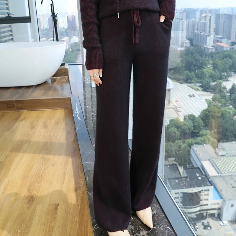 100% Pure Mink Cashmere Knit Wide-Leg Pants Women's Elastic Waist Loose Straight Trousers Leisure Thick Drawstring Mopping Pants